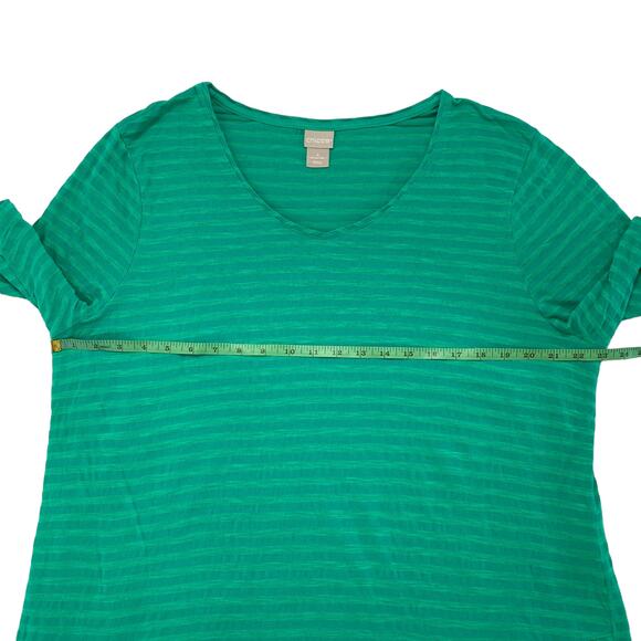 CHICOS Green Stripe Asymmetric Hem Cotton Rayon Short Sleeve Top Size XXL 2X (4) - Picture 7 of 9